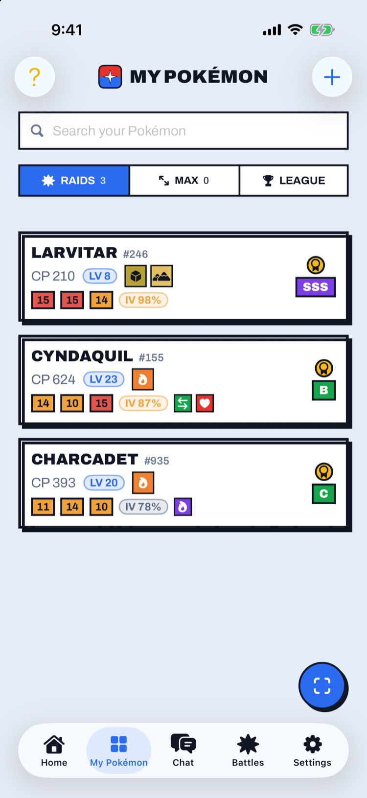 The My Pokémon screen: Larvitar graded SSS, Cyndaquil B and Charcadet C, each with its CP, level and IVs.